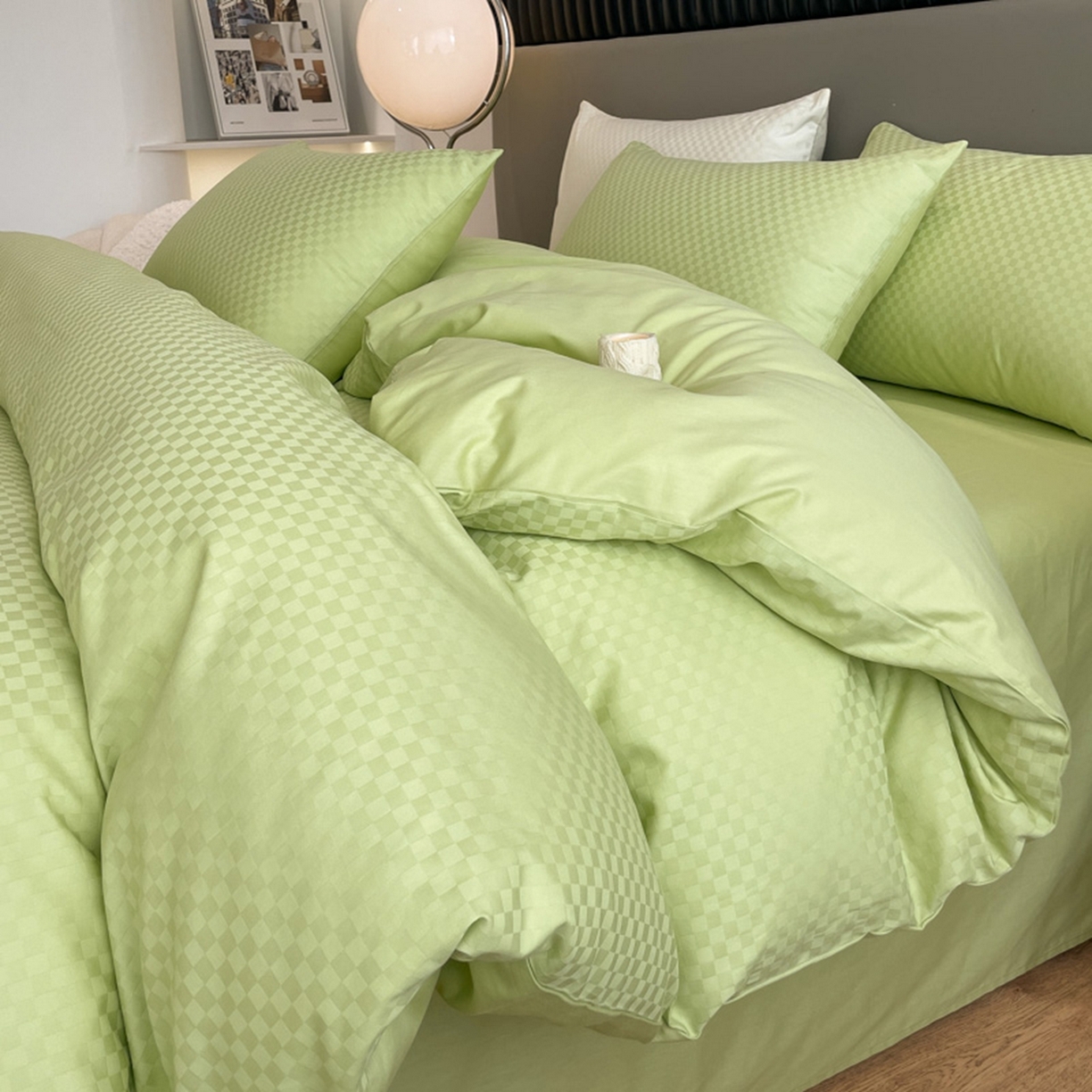 91家纺网 家纺一手货源 找家纺 琪格格纺织 2026新款轻奢长绒棉纯棉高级感提花方格单枕套枕套单件单品枕套 60长绒棉-纯果绿