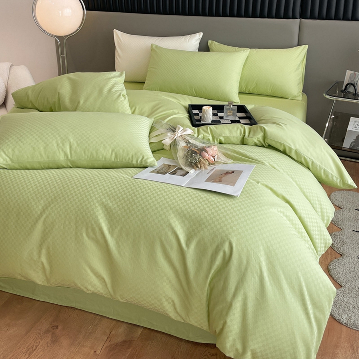 91家纺网 家纺一手货源 找家纺 琪格格纺织 2026新款轻奢长绒棉纯棉高级感提花方格单枕套枕套单件单品枕套 60长绒棉-纯果绿