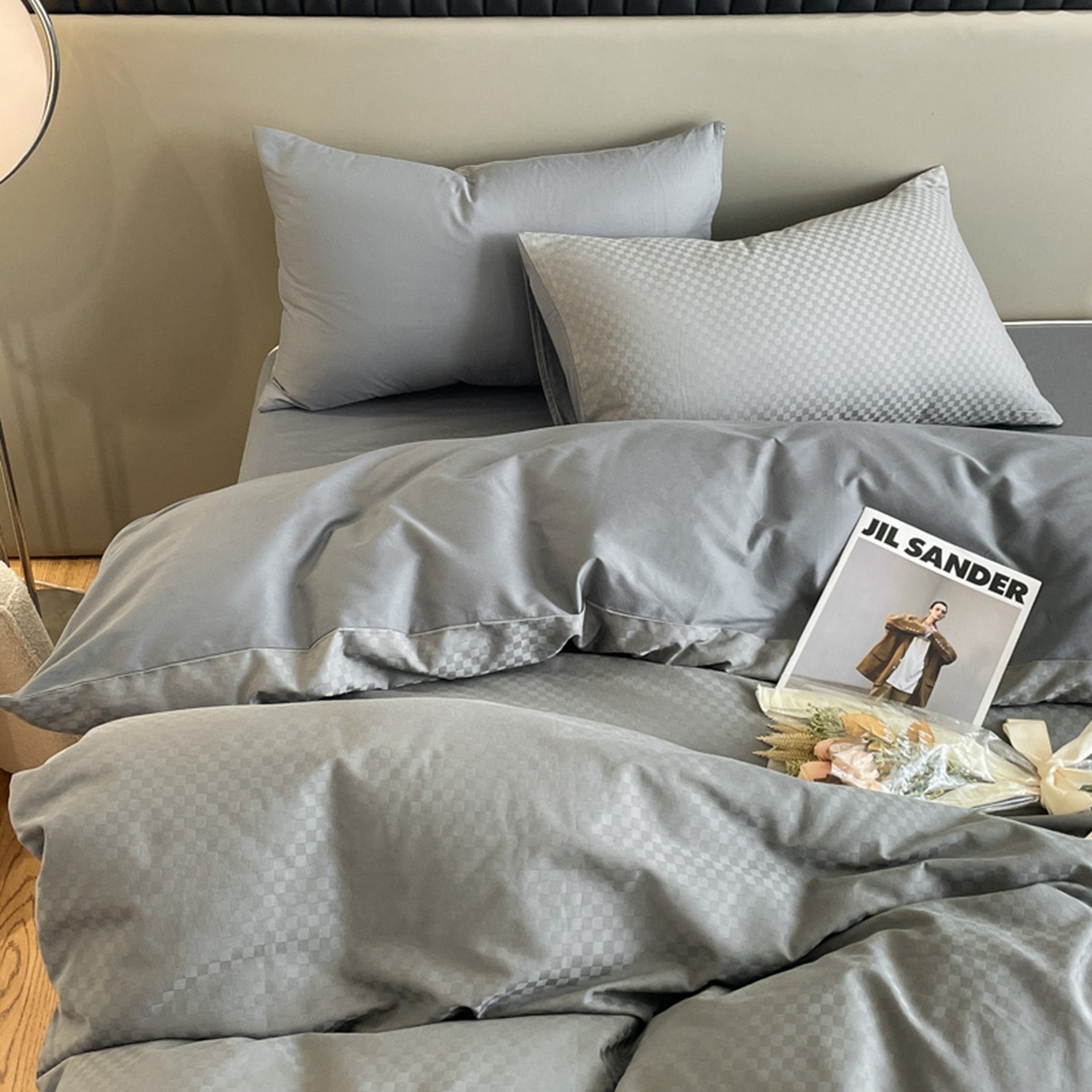 91家纺网 家纺一手货源 找家纺 琪格格纺织 2026新款轻奢长绒棉纯棉高级感提花方格单枕套枕套单件单品枕套 60长绒棉-高级灰