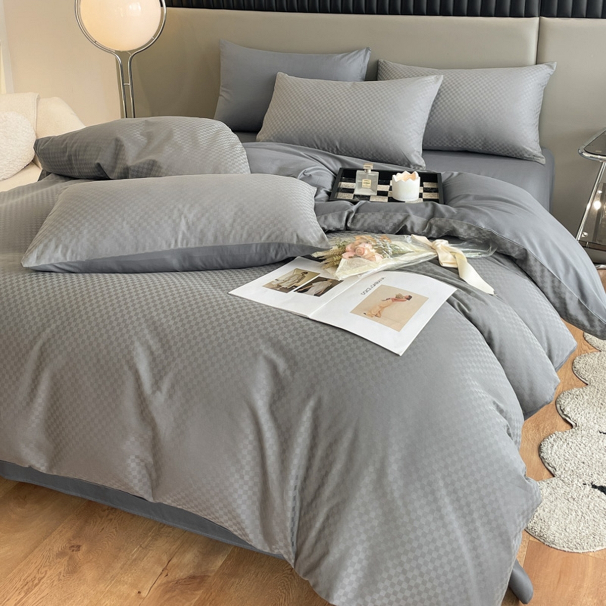 91家纺网 家纺一手货源 找家纺 琪格格纺织 2026新款轻奢长绒棉纯棉高级感提花方格单枕套枕套单件单品枕套 60长绒棉-高级灰