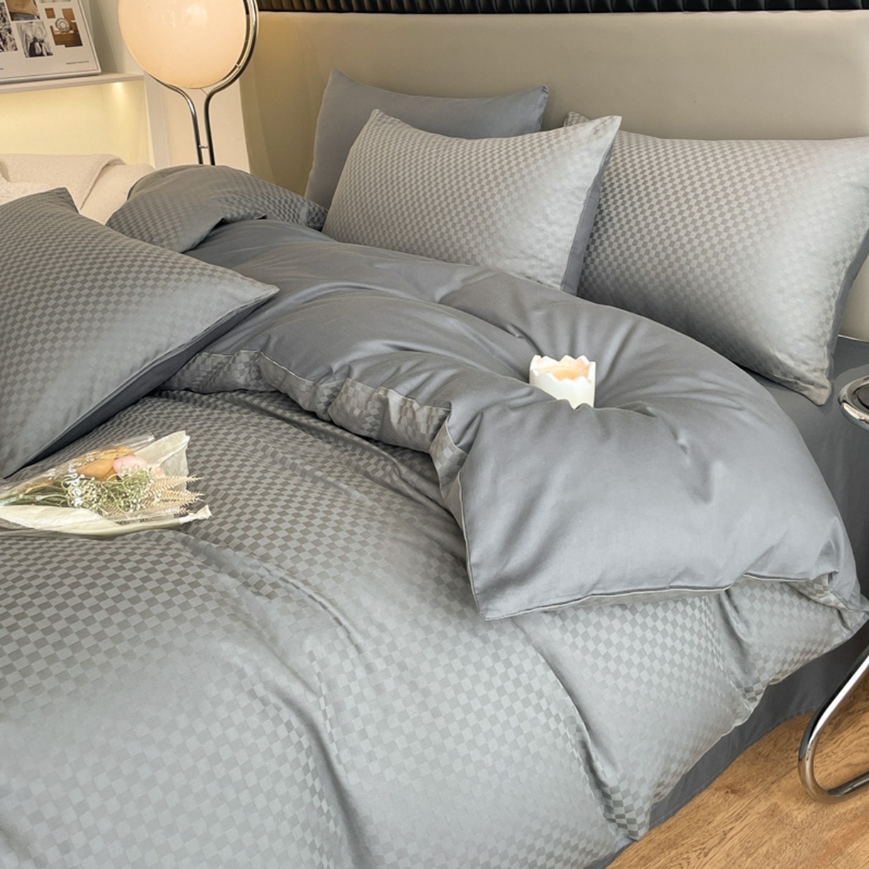 91家纺网 家纺一手货源 找家纺 琪格格纺织 2026新款轻奢长绒棉纯棉高级感提花方格单枕套枕套单件单品枕套 60长绒棉-高级灰