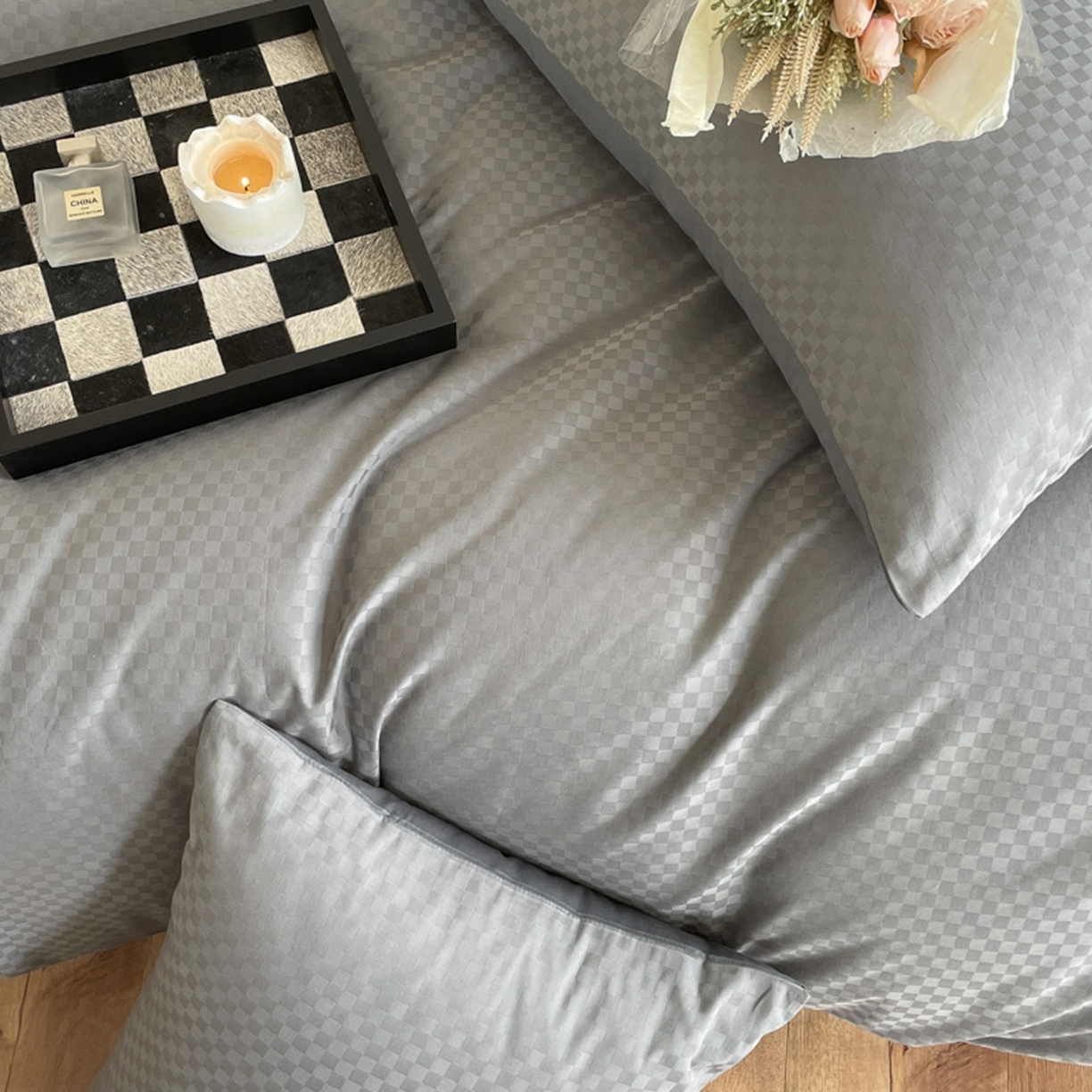 91家纺网 家纺一手货源 找家纺 琪格格纺织 2026新款轻奢长绒棉纯棉高级感提花方格单枕套枕套单件单品枕套 60长绒棉-高级灰