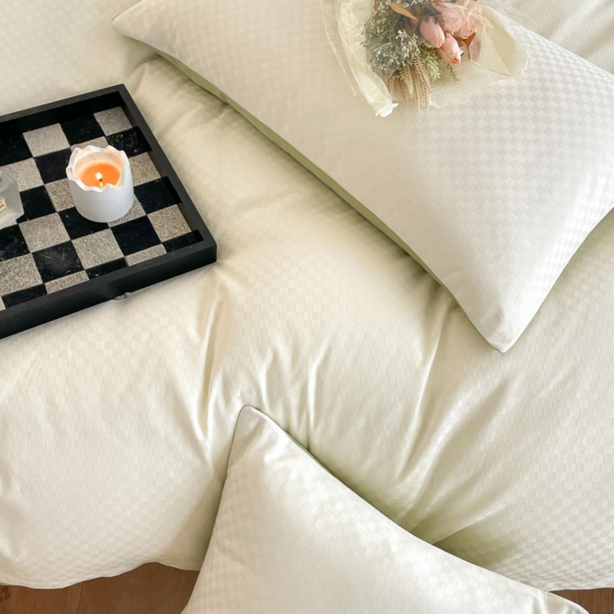 91家纺网 家纺一手货源 找家纺 琪格格纺织 2026新款轻奢长绒棉纯棉高级感提花方格单枕套枕套单件单品枕套 60长绒棉-奶昔白+果绿