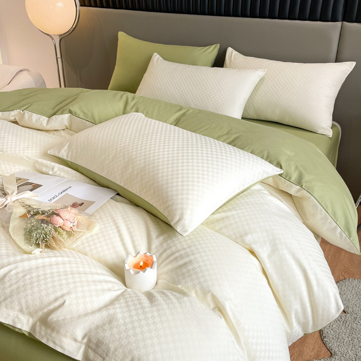 91家纺网 家纺一手货源 找家纺 琪格格纺织 2026新款轻奢长绒棉纯棉高级感提花方格单枕套枕套单件单品枕套 60长绒棉-奶昔白+果绿