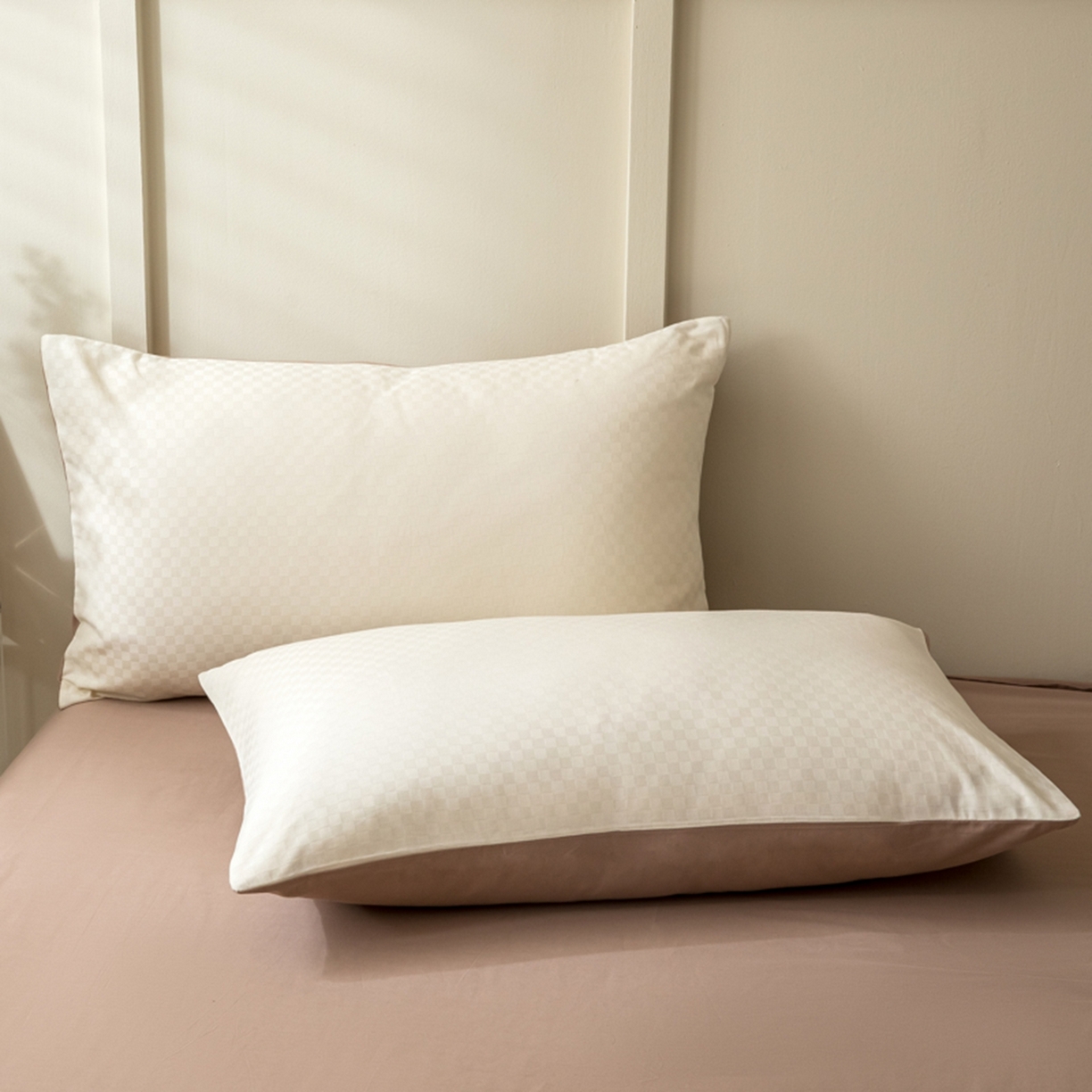 琪格格纺织 2026新款轻奢长绒棉纯棉高级感提花方格单枕套枕套单件单品枕套 60长绒棉-奶昔白+摩卡棕