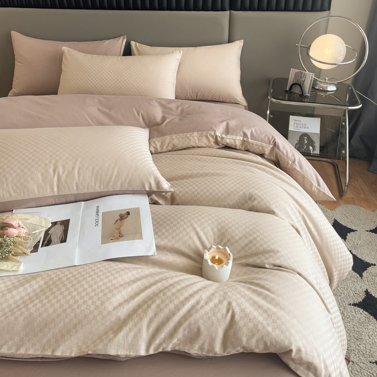 91家纺网 家纺一手货源 找家纺 琪格格纺织 2026新款轻奢长绒棉纯棉高级感提花方格单枕套枕套单件单品枕套 60长绒棉-杏仁+摩卡棕