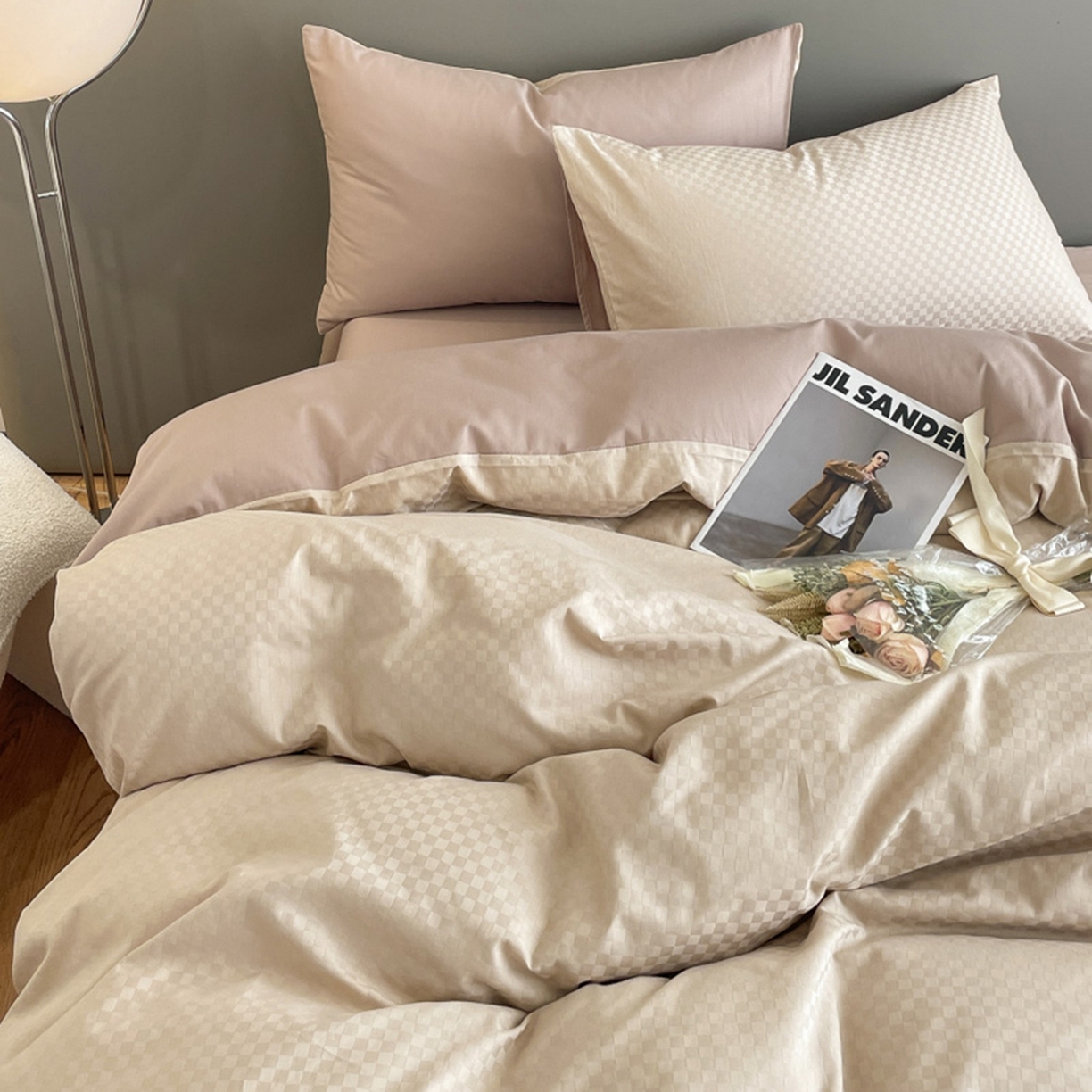 91家纺网 家纺一手货源 找家纺 琪格格纺织 2026新款轻奢长绒棉纯棉高级感提花方格单枕套枕套单件单品枕套 60长绒棉-杏仁+摩卡棕