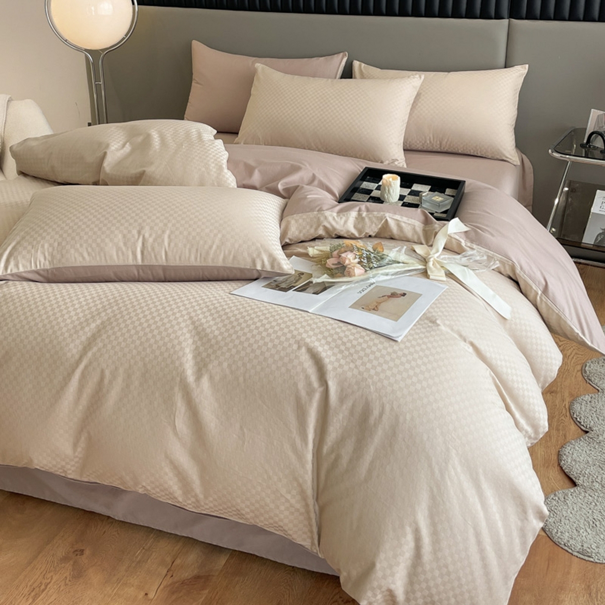 91家纺网 家纺一手货源 找家纺 琪格格纺织 2026新款轻奢长绒棉纯棉高级感提花方格单枕套枕套单件单品枕套 60长绒棉-杏仁+摩卡棕