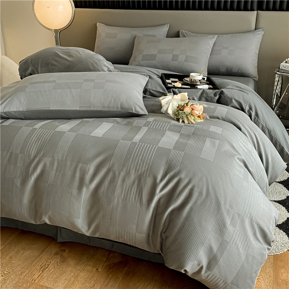 91家纺网 家纺一手货源 找家纺 琪格格纺织 2026新款轻奢长绒棉纯棉高级感提花方格单枕套枕套单件单品枕套 原棉大提花-摩登灰