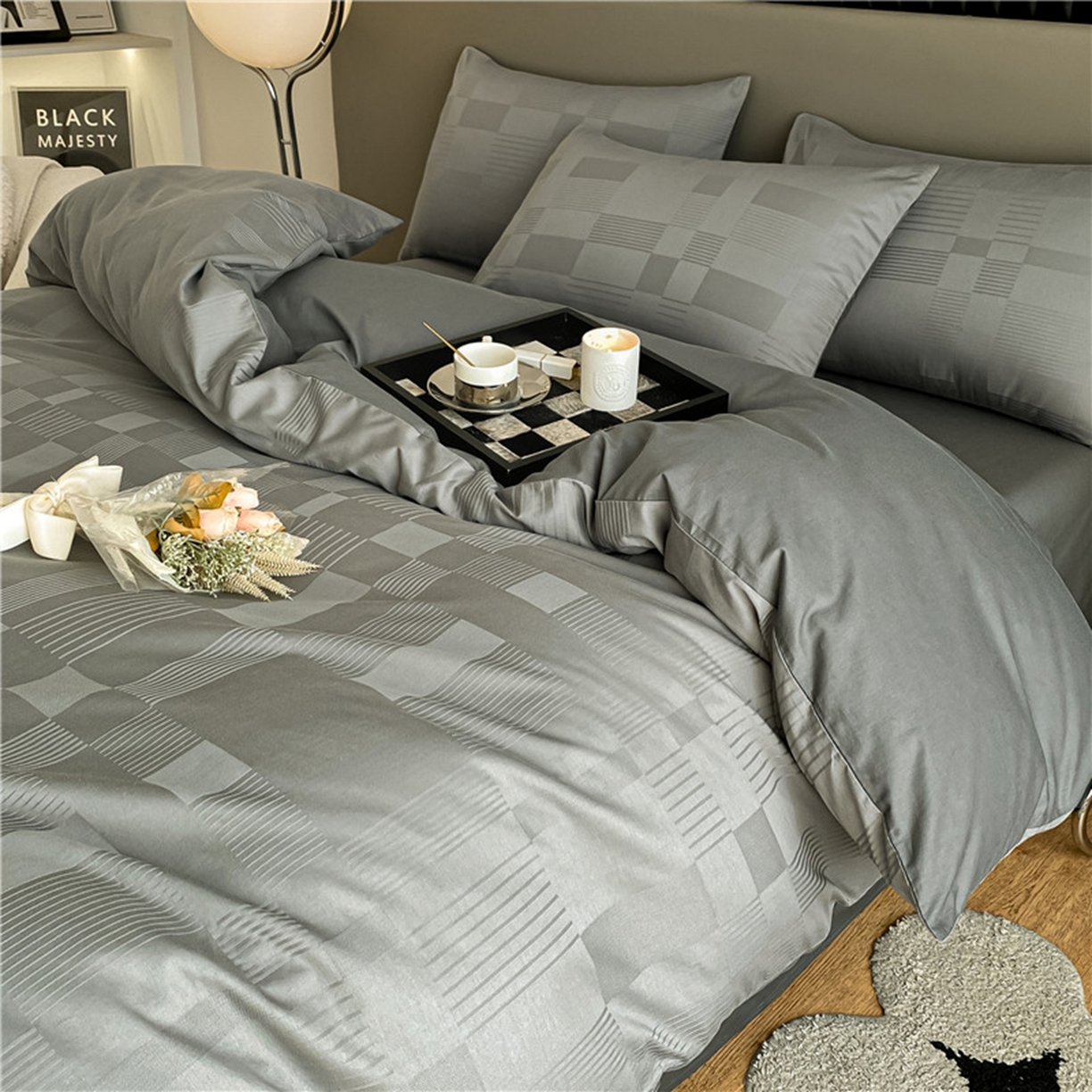 91家纺网 家纺一手货源 找家纺 琪格格纺织 2026新款轻奢长绒棉纯棉高级感提花方格单枕套枕套单件单品枕套 原棉大提花-摩登灰