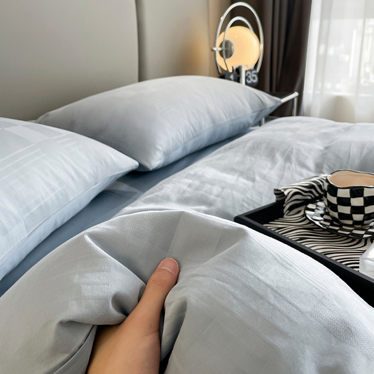 91家纺网 家纺一手货源 找家纺 琪格格纺织 2026新款轻奢长绒棉纯棉高级感提花方格单枕套枕套单件单品枕套 原棉大提花-浅蓝