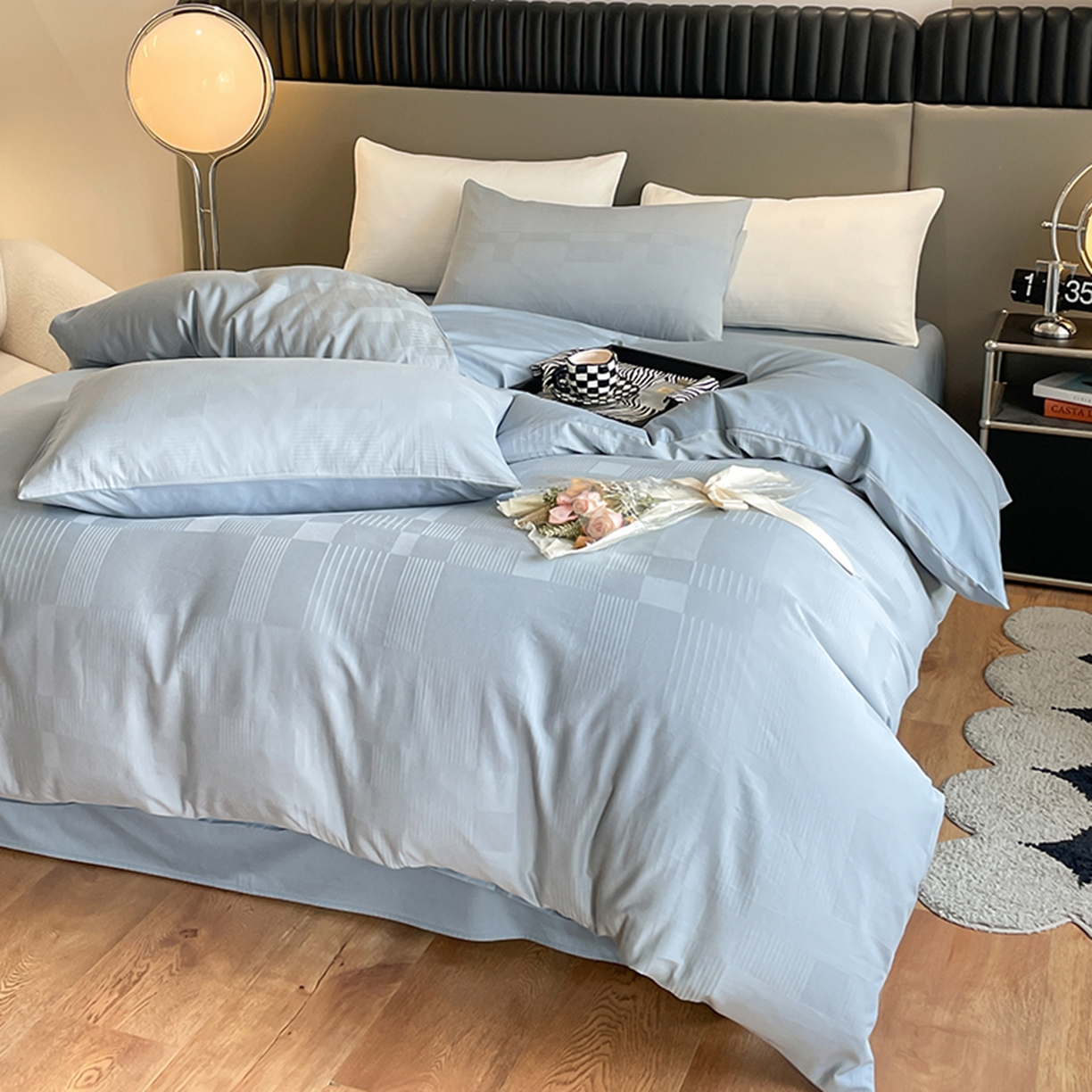 91家纺网 家纺一手货源 找家纺 琪格格纺织 2026新款轻奢长绒棉纯棉高级感提花方格单枕套枕套单件单品枕套 原棉大提花-浅蓝