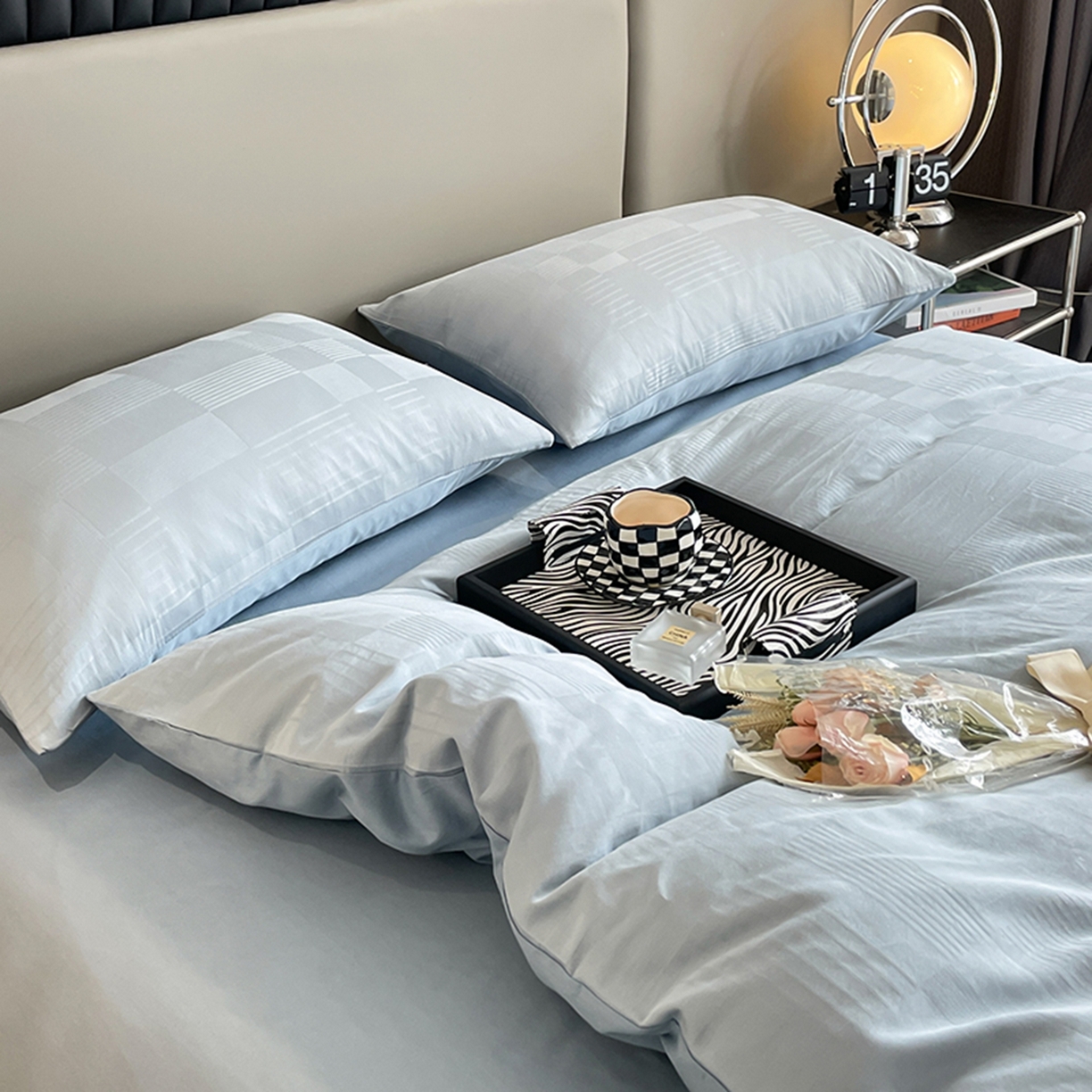 91家纺网 家纺一手货源 找家纺 琪格格纺织 2026新款轻奢长绒棉纯棉高级感提花方格单枕套枕套单件单品枕套 原棉大提花-浅蓝