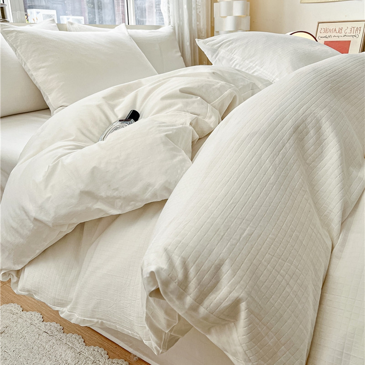 91家纺网 家纺一手货源 找家纺 琪格格纺织 2026新款轻奢长绒棉纯棉高级感提花方格单枕套枕套单件单品枕套 原棉小提花-本白-场景一