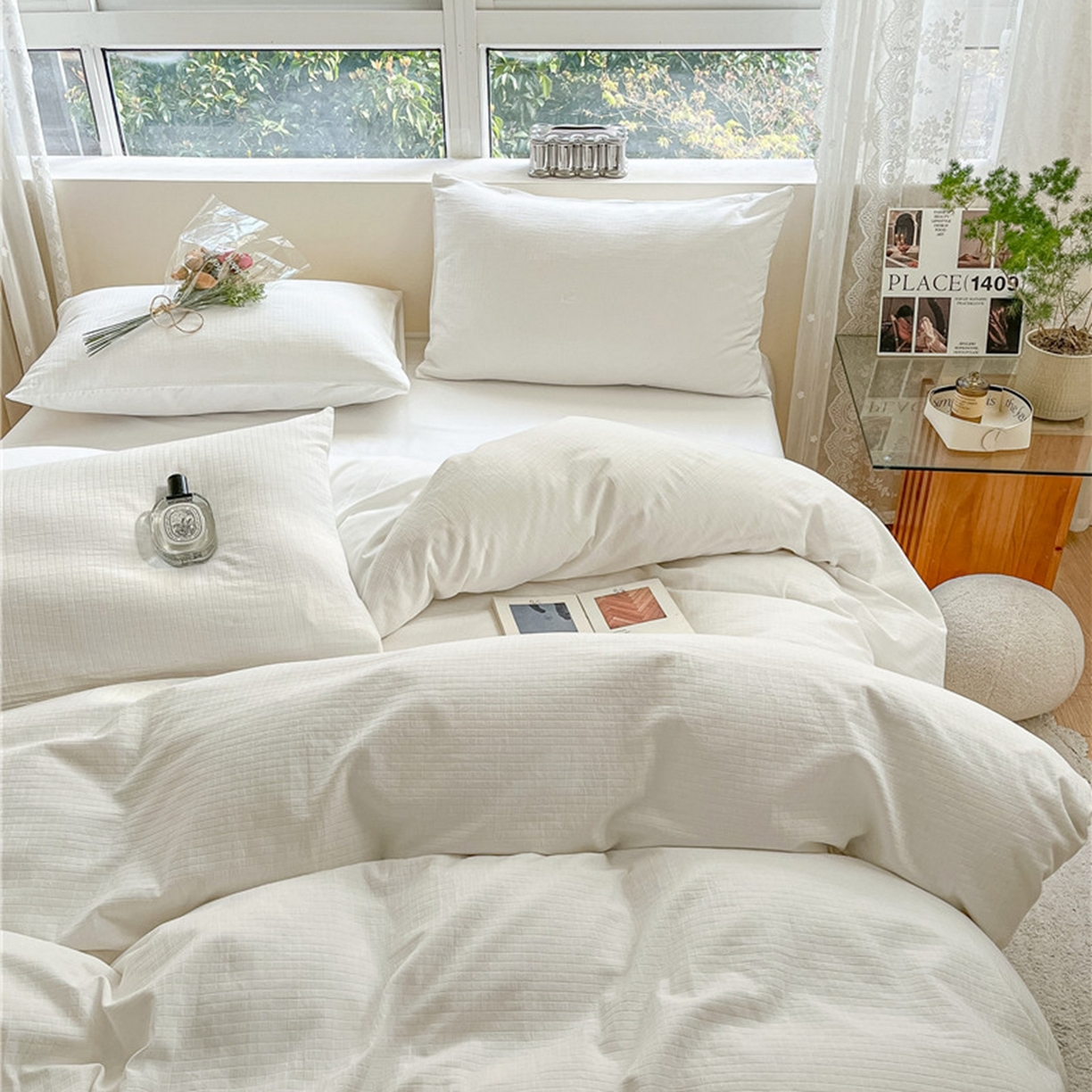 91家纺网 家纺一手货源 找家纺 琪格格纺织 2026新款轻奢长绒棉纯棉高级感提花方格单枕套枕套单件单品枕套 原棉小提花-本白-场景一