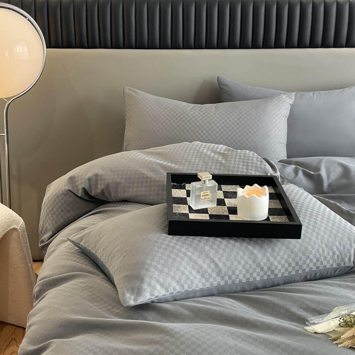 91家纺网 家纺一手货源 找家纺 琪格格纺织 2026新款轻奢长绒棉纯棉高级感提花方格单被套被套单件单品被套 高级灰