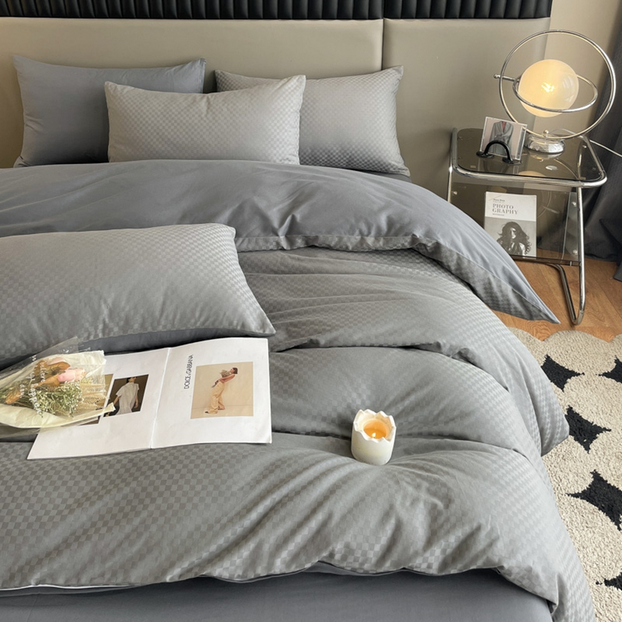 91家纺网 家纺一手货源 找家纺 琪格格纺织 2026新款轻奢长绒棉纯棉高级感提花方格单被套被套单件单品被套 高级灰