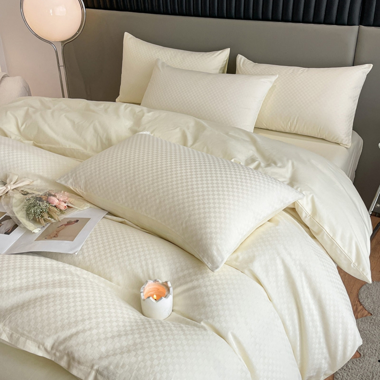 91家纺网 家纺一手货源 找家纺 琪格格纺织 2026新款轻奢长绒棉纯棉高级感提花方格单被套被套单件单品被套 奶昔白