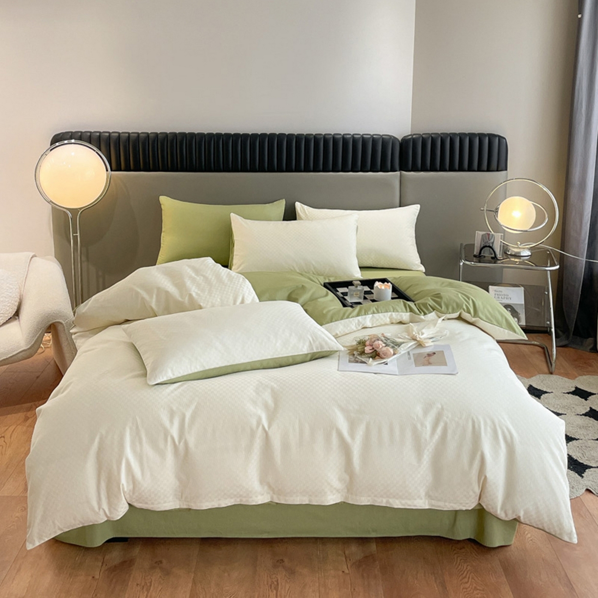 91家纺网 家纺一手货源 找家纺 琪格格纺织 2026新款轻奢长绒棉纯棉高级感提花方格单被套被套单件单品被套 奶昔白+果绿