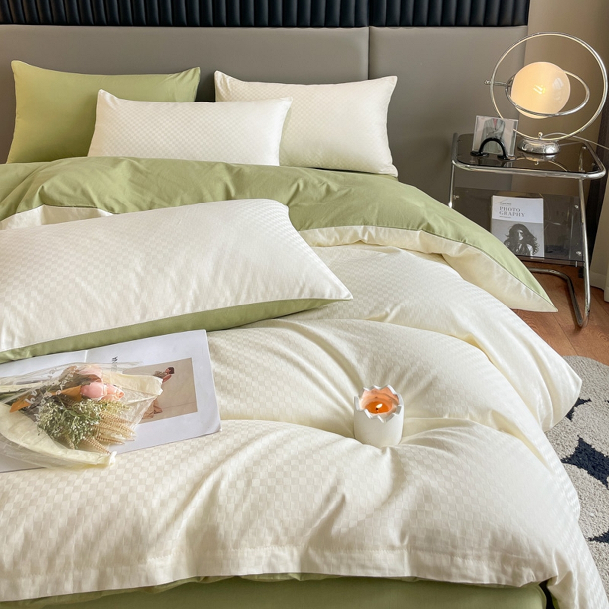 91家纺网 家纺一手货源 找家纺 琪格格纺织 2026新款轻奢长绒棉纯棉高级感提花方格单被套被套单件单品被套 奶昔白+果绿