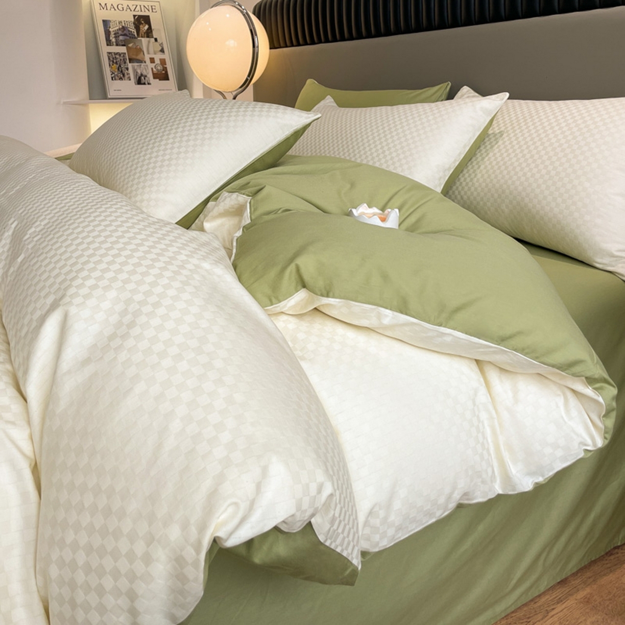 91家纺网 家纺一手货源 找家纺 琪格格纺织 2026新款轻奢长绒棉纯棉高级感提花方格单被套被套单件单品被套 奶昔白+果绿