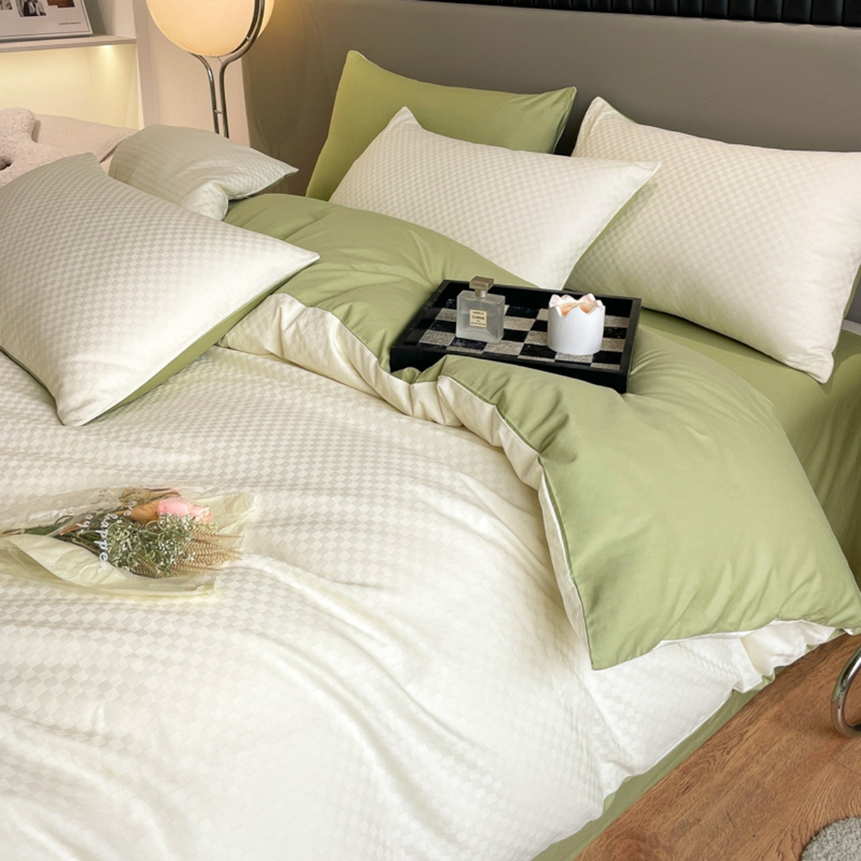 91家纺网 家纺一手货源 找家纺 琪格格纺织 2026新款轻奢长绒棉纯棉高级感提花方格单被套被套单件单品被套 奶昔白+果绿