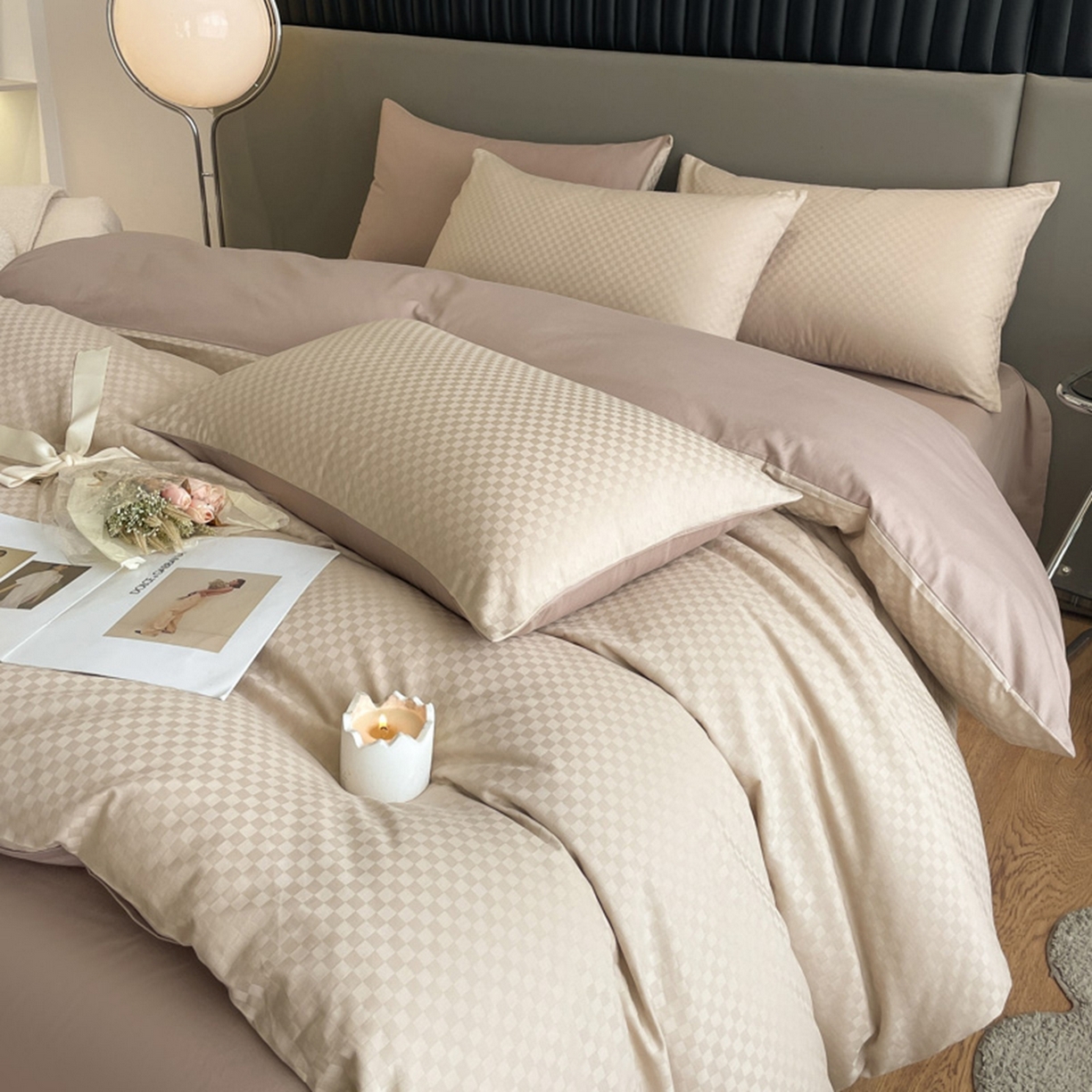 91家纺网 家纺一手货源 找家纺 琪格格纺织 2026新款轻奢长绒棉纯棉高级感提花方格单被套被套单件单品被套 杏仁+摩卡棕