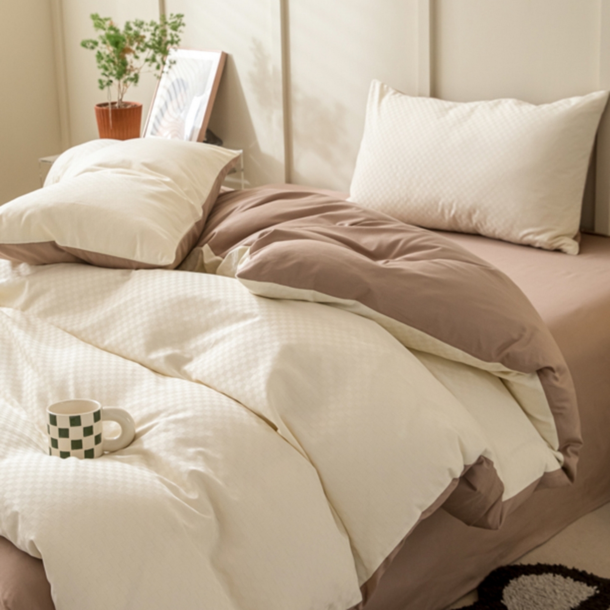 91家纺网 家纺一手货源 找家纺 琪格格纺织 2026新款轻奢长绒棉纯棉高级感提花方格单被套被套单件单品被套 奶昔白+摩卡棕