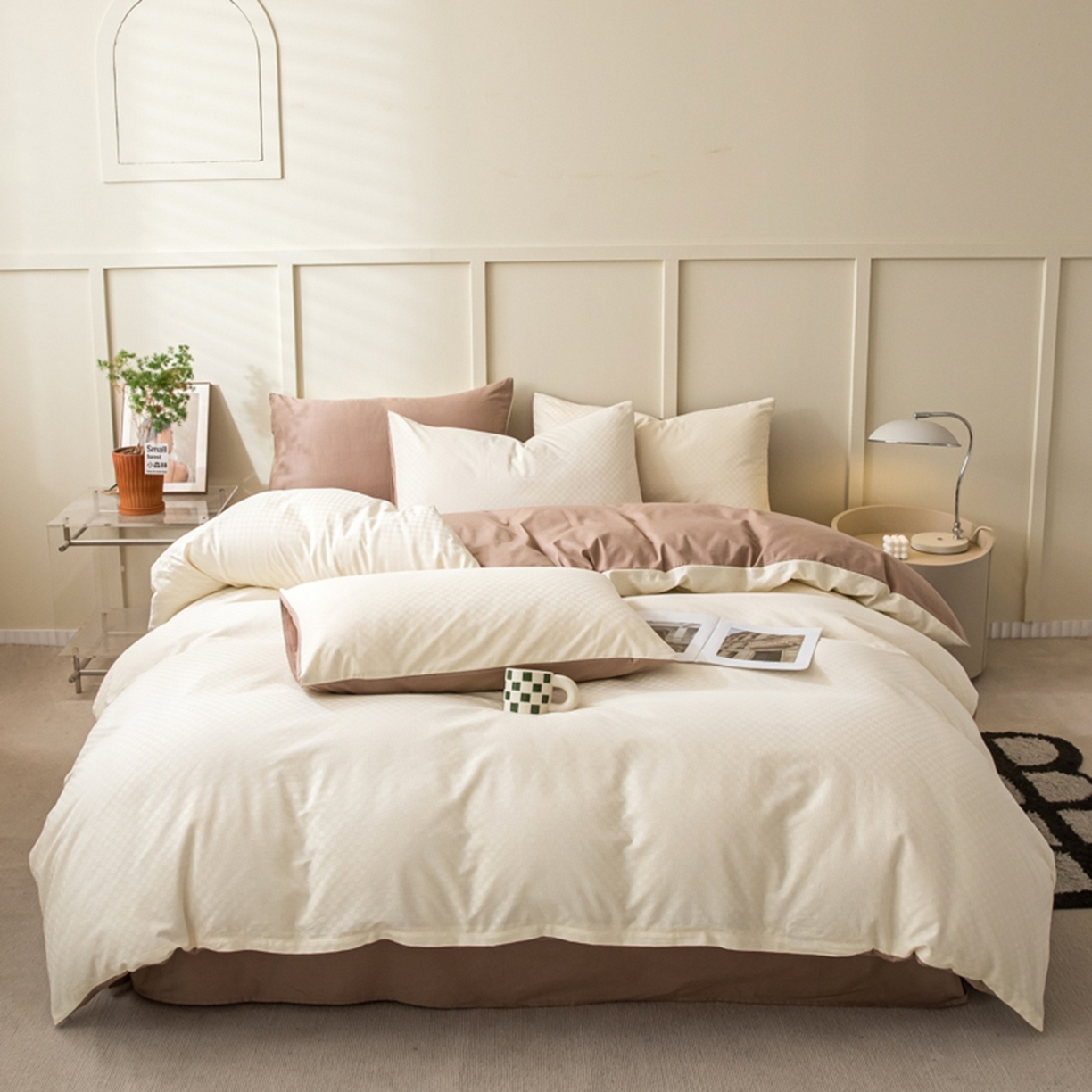 91家纺网 家纺一手货源 找家纺 琪格格纺织 2026新款轻奢长绒棉纯棉高级感提花方格单被套被套单件单品被套 奶昔白+摩卡棕