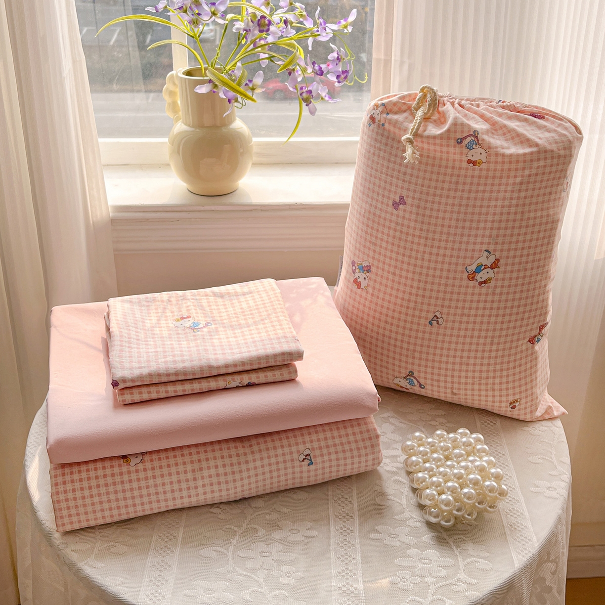 91家纺网 家纺一手货源 找家纺 梦莱斯 2026新款A类古法水洗仿棉云感纱四件套 凯蒂猫