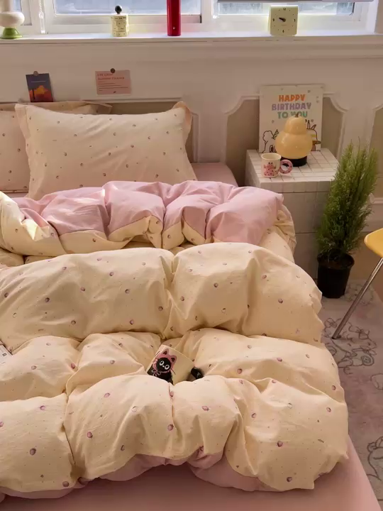 91家纺网 家纺一手货源 找家纺 梦莱斯 2026新款A类古法水洗仿棉云感纱四件套 莓果