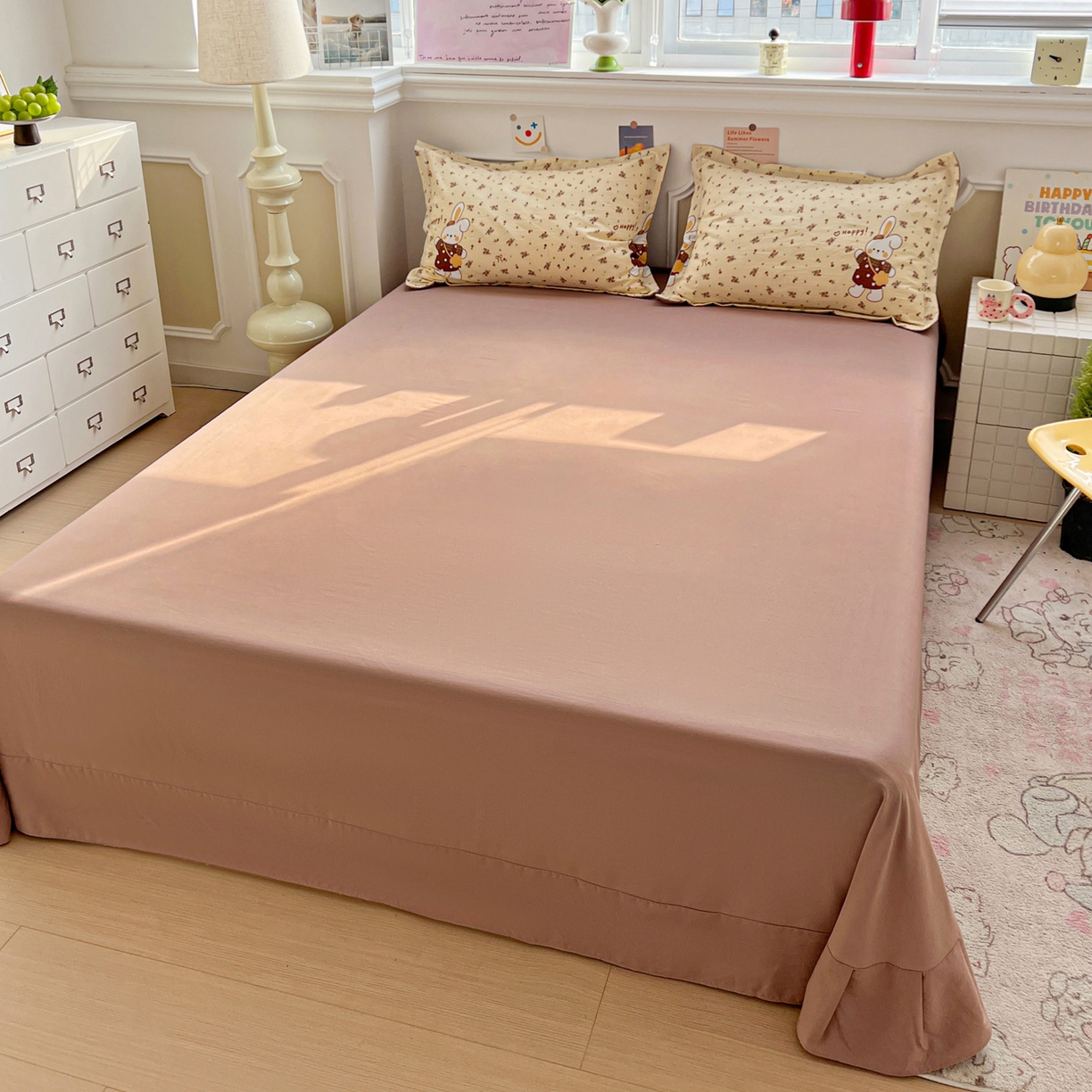 91家纺网 家纺一手货源 找家纺 梦莱斯 2026新款A类古法水洗仿棉云感纱四件套 暖兔