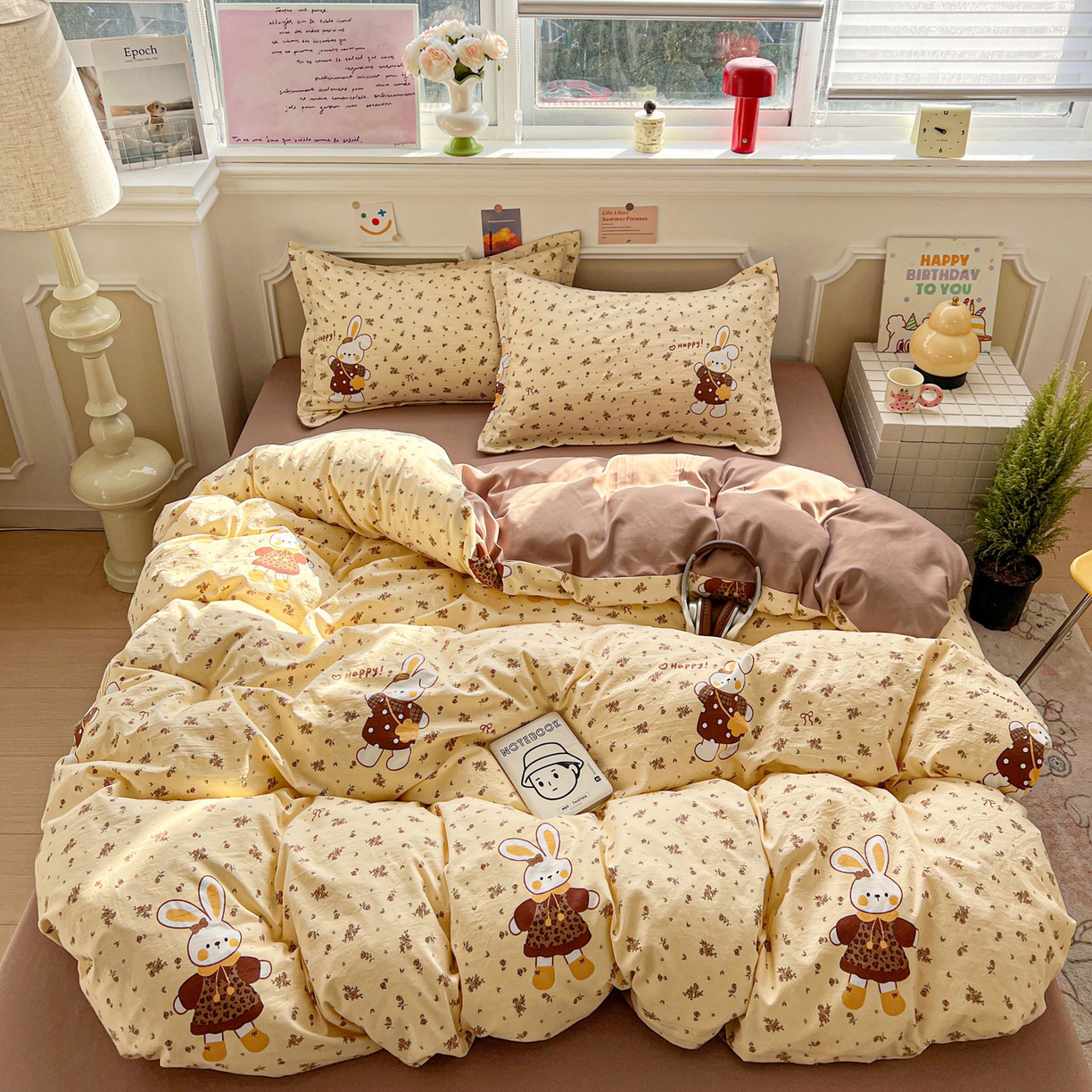 91家纺网 家纺一手货源 找家纺 梦莱斯 2026新款A类古法水洗仿棉云感纱四件套 暖兔