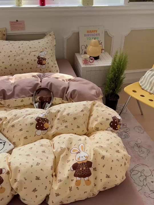 91家纺网 家纺一手货源 找家纺 梦莱斯 2026新款A类古法水洗仿棉云感纱四件套 暖兔