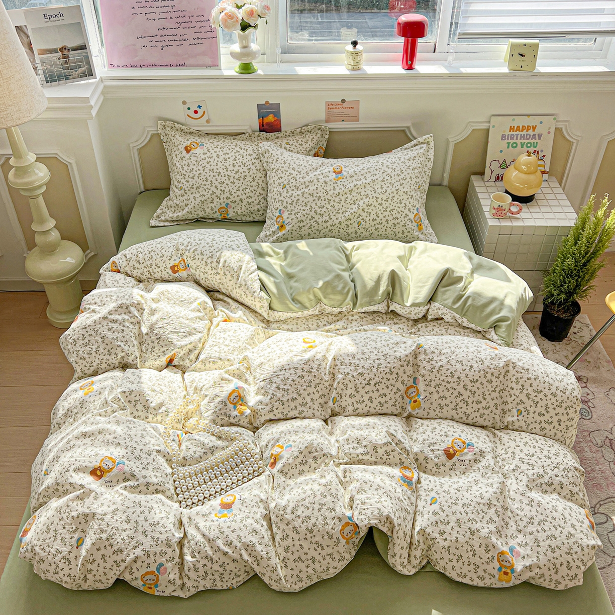 91家纺网 家纺一手货源 找家纺 梦莱斯 2026新款A类古法水洗仿棉云感纱四件套 狮茶春日序