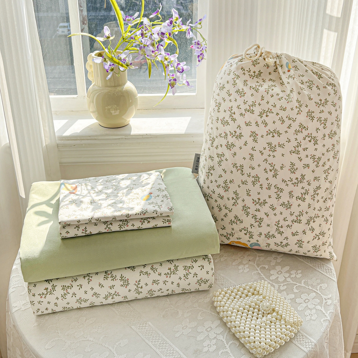 梦莱斯 2026新款A类古法水洗仿棉云感纱四件套 狮茶春日序