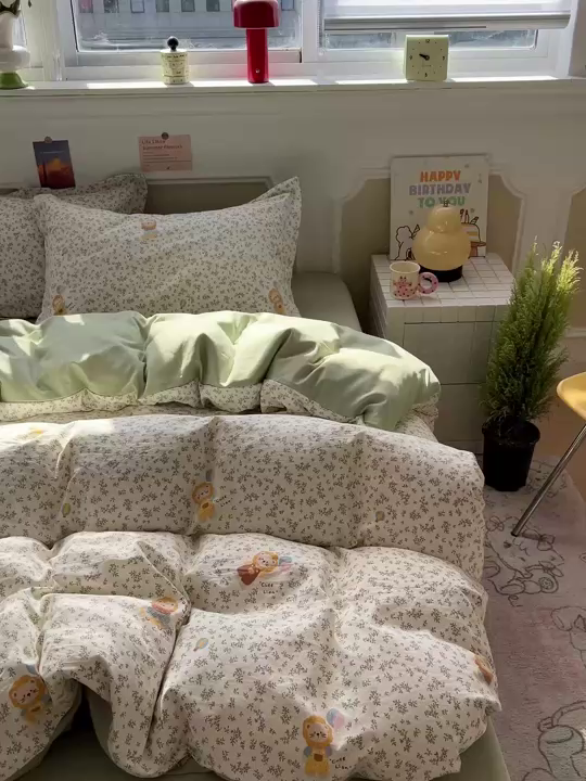 91家纺网 家纺一手货源 找家纺 梦莱斯 2026新款A类古法水洗仿棉云感纱四件套 狮茶春日序