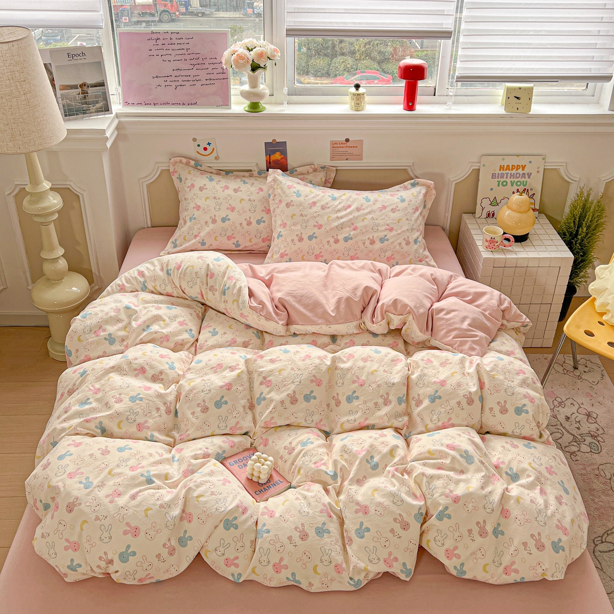 91家纺网 家纺一手货源 找家纺 梦莱斯 2026新款A类古法水洗仿棉云感纱四件套 兔耳朵