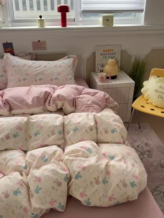 91家纺网 家纺一手货源 找家纺 梦莱斯 2026新款A类古法水洗仿棉云感纱四件套 兔耳朵