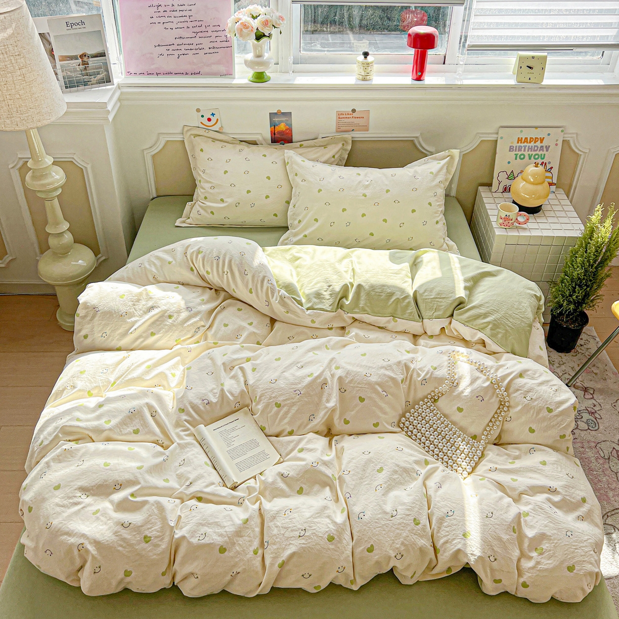 91家纺网 家纺一手货源 找家纺 梦莱斯 2026新款A类古法水洗仿棉云感纱四件套 微笑