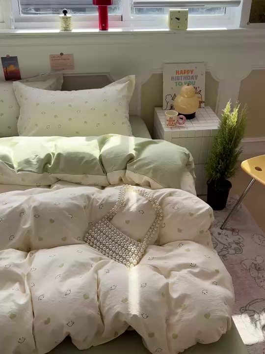 91家纺网 家纺一手货源 找家纺 梦莱斯 2026新款A类古法水洗仿棉云感纱四件套 微笑