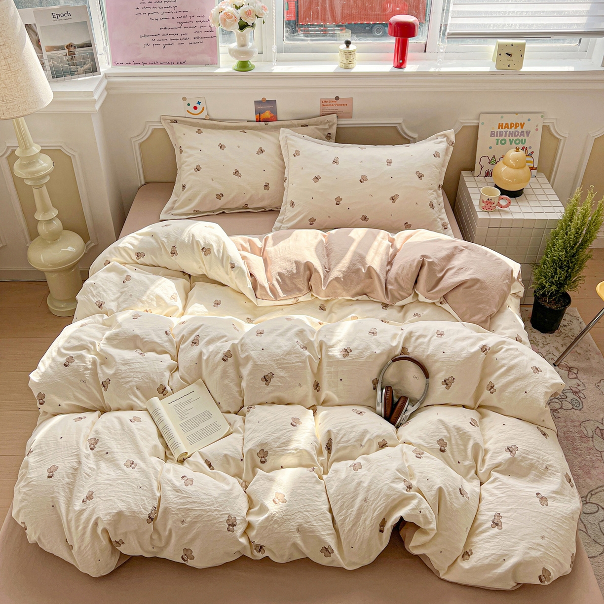 91家纺网 家纺一手货源 找家纺 梦莱斯 2026新款A类古法水洗仿棉云感纱四件套 温暖熊