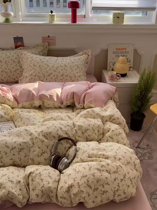 91家纺网 家纺一手货源 找家纺 梦莱斯 2026新款A类古法水洗仿棉云感纱四件套 惜花米黄