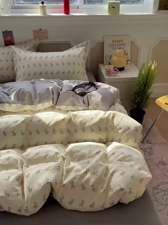 91家纺网 家纺一手货源 找家纺 梦莱斯 2026新款A类古法水洗仿棉云感纱四件套 小白马