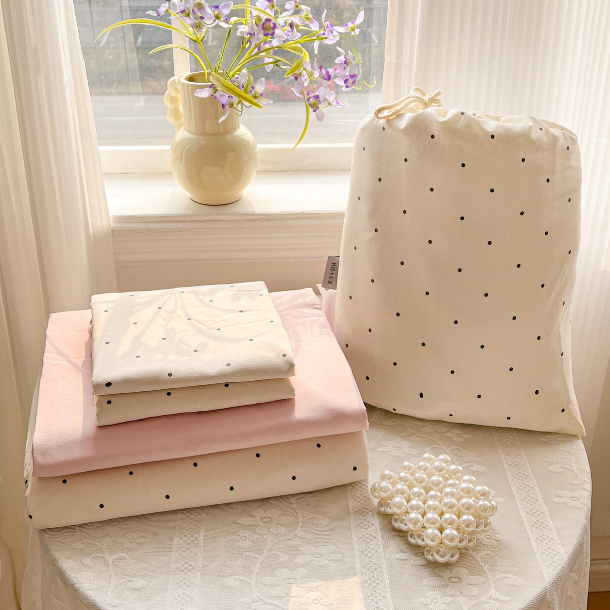 梦莱斯 2026新款A类古法水洗仿棉云感纱四件套 小波点