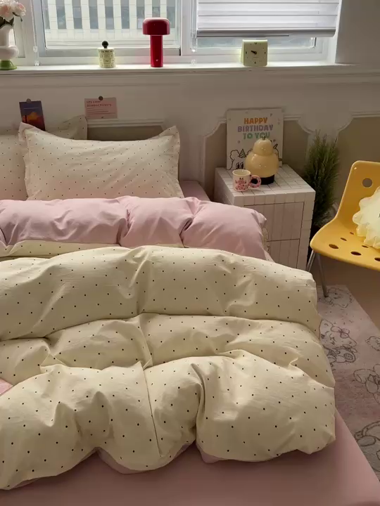 91家纺网 家纺一手货源 找家纺 梦莱斯 2026新款A类古法水洗仿棉云感纱四件套 小波点