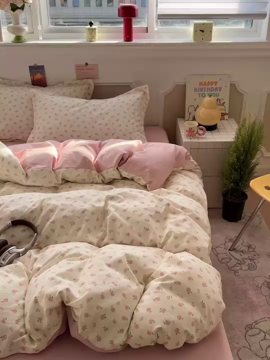 91家纺网 家纺一手货源 找家纺 梦莱斯 2026新款A类古法水洗仿棉云感纱四件套 小玫瑰