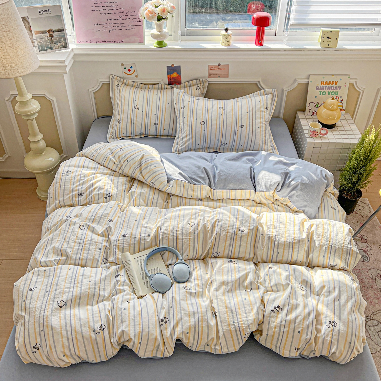 91家纺网 家纺一手货源 找家纺 梦莱斯 2026新款A类古法水洗仿棉云感纱四件套 许个鱼愿