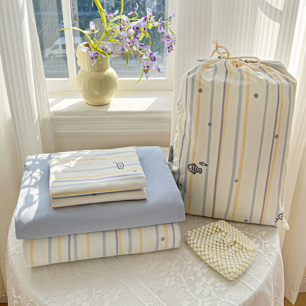 梦莱斯 2026新款A类古法水洗仿棉云感纱四件套 许个鱼愿