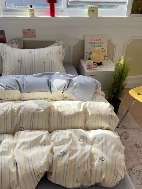 91家纺网 家纺一手货源 找家纺 梦莱斯 2026新款A类古法水洗仿棉云感纱四件套 许个鱼愿